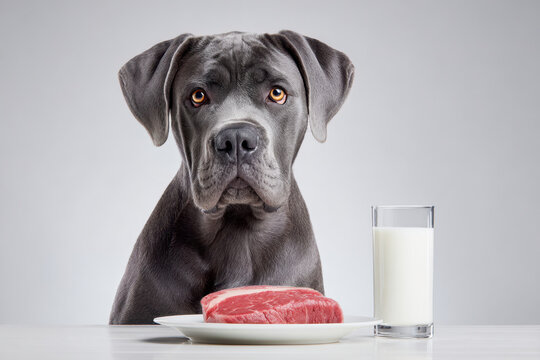 A thoughtful grey dog sitting at a white table with a plate of raw red meat and a tall glass of milk against a plain light gray background