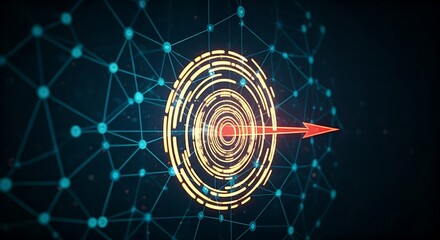 Network intrusion detection concept. A red arrow (intruder) tries to enter a secure data network hologram and is instantly circled by an alert.