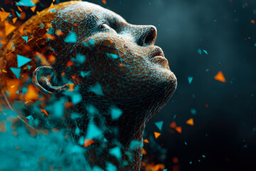 Artistic visualization of a human face constructed from geometric wireframe with vibrant blue and orange triangles floating dynamically around in a dark space