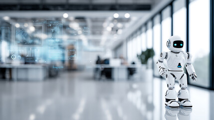 Humanoid robot standing in a modern office hallway with digital interface overlays