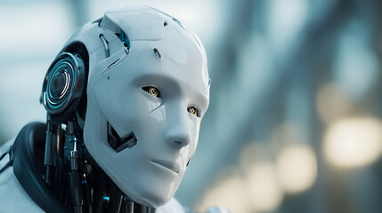 Close-up of a humanoid robot with sleek white design and mechanical features