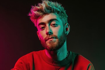 Fototapeta premium Young man with colorful hairstyle and beard wearing casual shirt against dark background.