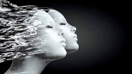 Digital wireframe faces with flowing water effect on dark background
