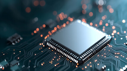 Close-up of a microchip on a circuit board with illuminated connections