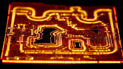 Close-up of illuminated circuit board with glowing pathways and intricate electronic traces