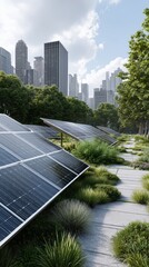 Row of solar panels in green park with modern city skyscrapers. Sustainable urban energy solution for future architecture development.
