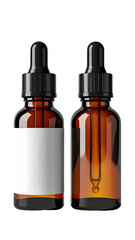 Two amber glass dropper bottles with black caps and blank white labels