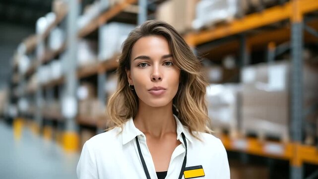 Smiling team leader standing in a warehouse aisle, ID badge visible, organized shelves behind warehouse management, supervisor photo, workplace ID, industrial setting, employee lea