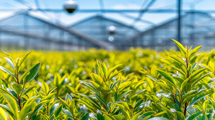 Rows of green leafy plants growing inside a large greenhouse with transparent roof and structural beams