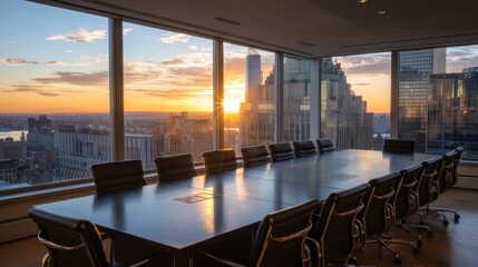 Fototapeta premium Sunrise over Cityscape from Modern Conference Room