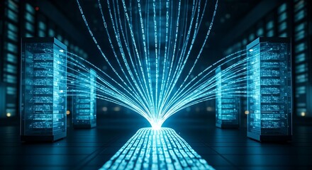 Load balancing concept. A large data stream is intelligently split to flow evenly across multiple holographic servers to prevent overload.