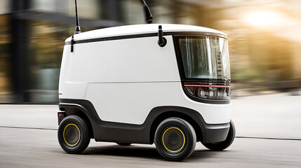 Autonomous delivery vehicle in motion on urban street