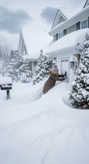 Individual struggles against overwhelming deep snowdrifts completely blocking house doorway during a severe sudden winter blizzard causing immense difficulties and challenges