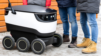 Autonomous delivery robot with people standing nearby on a paved surface