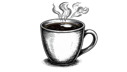 Hand-drawn, vintage-style image of a steaming cup of coffee