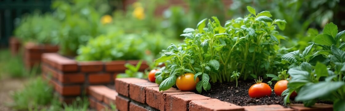 Small urban backyard edible garden features raised planting beds with fresh vegetables, herbs. Red brick edging defines mulched areas. Rich green plants thrive in summer sun. Organic home grown - Powered by Adobe