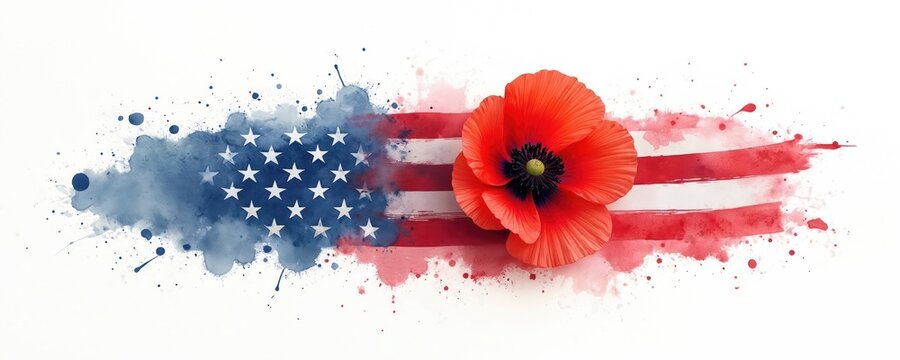 Vibrant red poppy illustration merges with American flag watercolor. Remembrance, patriotism, sacrifice. Artistic painting on canvas with splashes of color evokes emotion, national heritage.