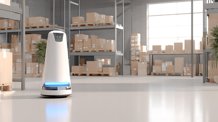 Autonomous robot operating in a modern warehouse with shelving and boxes