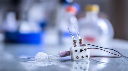 Close-up of a small electronic device with wires and connectors on a laboratory surface, surrounded by scientific equipment.