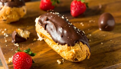 Chocolate-covered pastries with strawberries