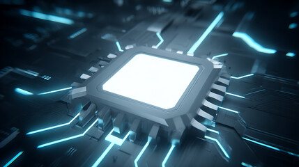 Close-up of a glowing microchip on a circuit board with illuminated pathways