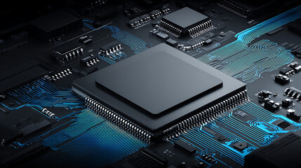 Close-up view of a semiconductor chip on a circuit board with illuminated blue pathways