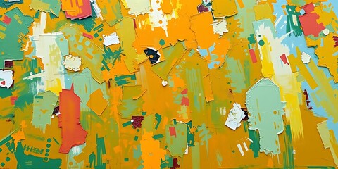 An abstract painting featuring a textured collage of orange, yellow, and green brushstrokes and paper scraps.