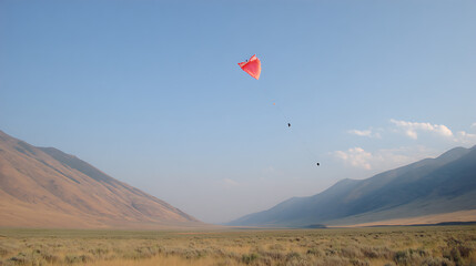 Red kite flying over a vast desert valley with mountains in the background under a clear blue sky