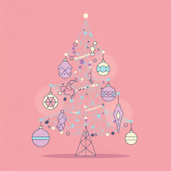 Stylized Christmas tree with pastel ornaments against a pink background