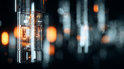 Close-up of a transparent cylindrical device with glowing internal components and particles, set against a dark background with blurred lights.