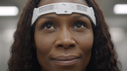 Close-up of a person wearing a white headband with sensors, looking upward in an indoor setting.
