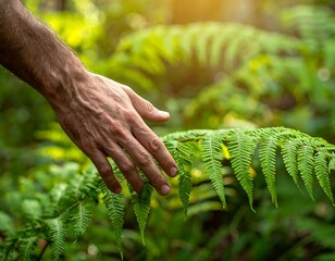 A hand gently touches a fern in a lush forest