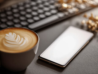 A modern workspace featuring a smartphone with a blank screen next to a coffee cup with latte art and a keyboard in soft warm lighting ambiance