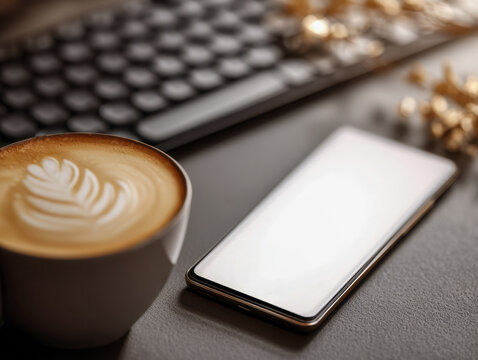 A modern workspace featuring a smartphone with a blank screen next to a coffee cup with latte art and a keyboard in soft warm lighting ambiance