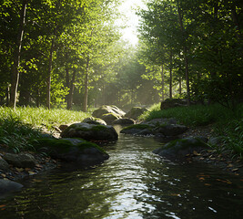 Fototapeta premium Serene Forest Stream: A Tranquil Creek Flowing Through a Lush Green Summer Forest with Sunlight Filtering Through the Trees