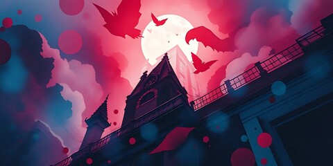 A dramatic and stylized view of a building at night with a full moon, flying bats, and a bold pink and blue color palette.