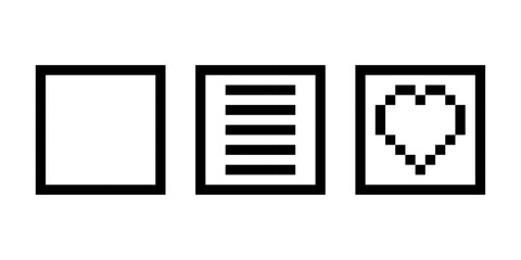 Pixel frame icons, Pixel white heart frame icon, Pixel text frame icon, 8-bit frame graphics, Retro UI frame icons, Pixel art interface elements, Pixel art, Vector illustration.