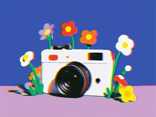 Camera with flowers, concept of love for photography and art