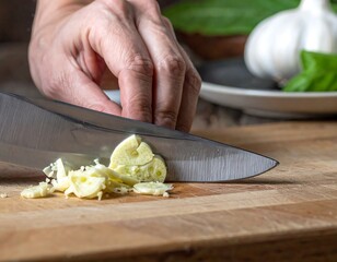 Chopped garlic on a wooden board