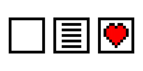 Pixel frame icons, Pixel heart frame icon, Pixel text frame icon, 8-bit frame graphics, Retro UI frame icons, Pixel art interface elements, Pixel art, Vector illustration.