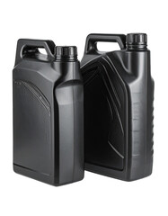 Two black plastic containers, likely for motor oil, angled, showcasing sturdy design