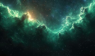 Cosmic nebulae with vibrant green clouds and scattered stars.  A mesmerizing view of space
