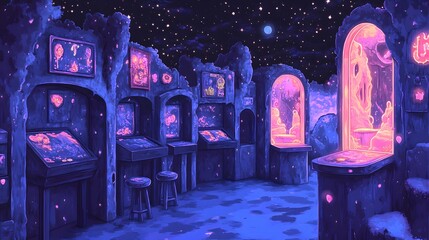 A neon-lit arcade under a starry night sky, showcasing glowing  consoles and archways to otherworldly landscapes.