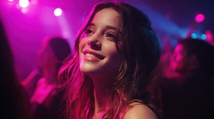 Nightlife Portrait: A Young Woman Smiles at a Vibrant Concert