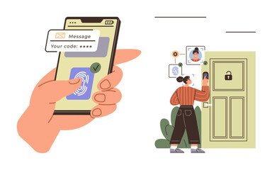 Hand using a smartphone biometric reader and code authentication for smart door unlocking. Woman interacting with smart lock. Ideal for security, technology, access control, IoT, smart home