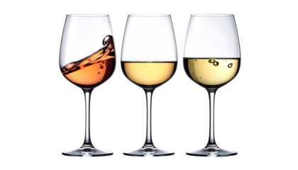 Three wine glasses, showcasing different colored wines.  wine in the middle glass, and a yellowish white wine in the last glass.  Glasses are clear crystal