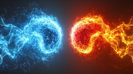 Two opposing forces collide in a vibrant display of energy, showcasing a dynamic interplay of contrasting, glowing spheres.