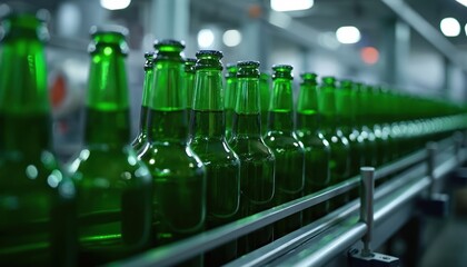 Green beer bottles move on production line in modern factory. Automated machinery facilitates bottling process. Rows of transparent containers on conveyor belt signify efficient manufacturing,