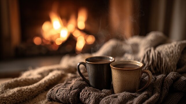 Cozy Winter Evening by Fireplace with Warm Drinks - Powered by Adobe