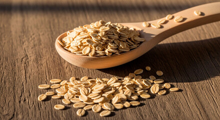 Wooden spoon full of oats with scattered oats in the background